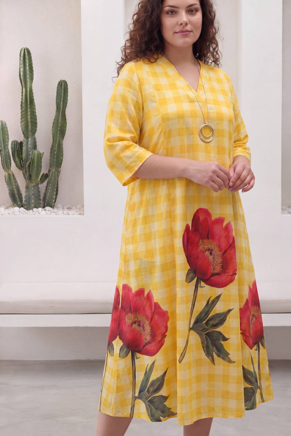 Yellow Gingham Floral Plus Size Midi Dress