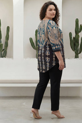 Plus Size Black Luxe Ethnic Print Centre Pleat Top