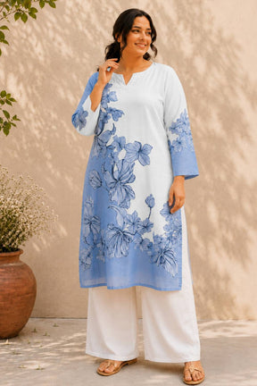 Plus Size Blue Floral Print Cotton Kurti