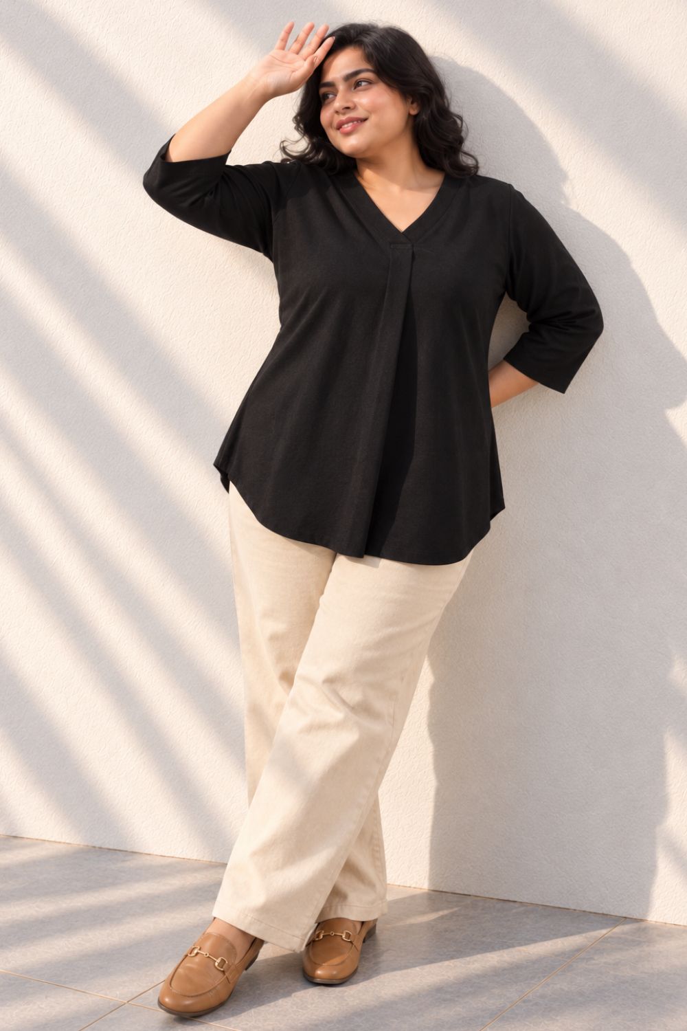 Plus Size SoftEase V Neck Black Cotton Top