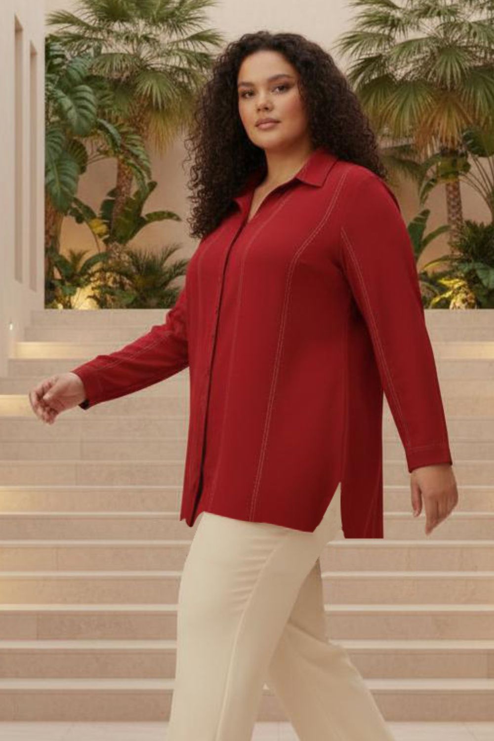 Plus Size Maroon Golden Pin Striped High Slit Longline Shirt