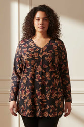 Plus Size Black Blossom V Neck SnugWeave™ Winter Top