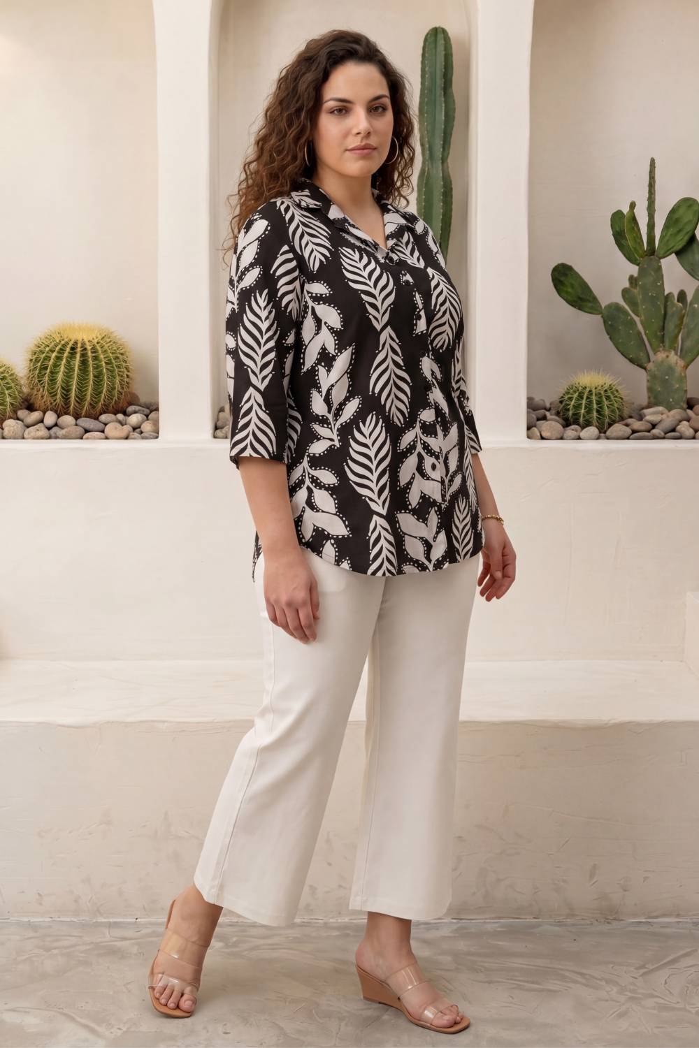 Plus Size Plus Size Black White Leaf Print Cuban Collar Rayon Shirt