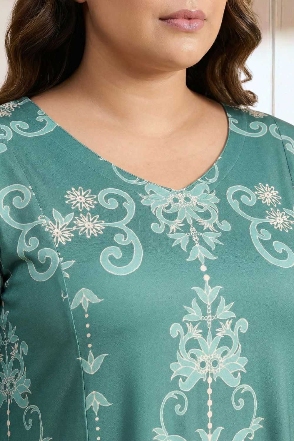 Plus Size Green Ethnic Print A line Dress for Women