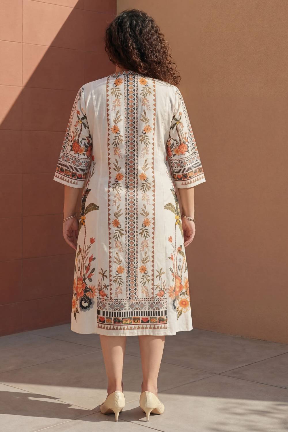 Plus Size Boho Floral Panel Print Cotton Midi Dress