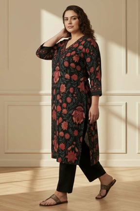 Plus Size Black Red Floral SnugWeave™ Winter Kurta