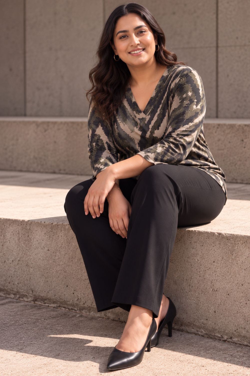 Plus Size Plus Size Black & Beige Abstract V Neck  SnugWeave Winter Top