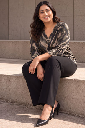Plus Size Black & Beige Abstract V Neck  SnugWeave Winter Top