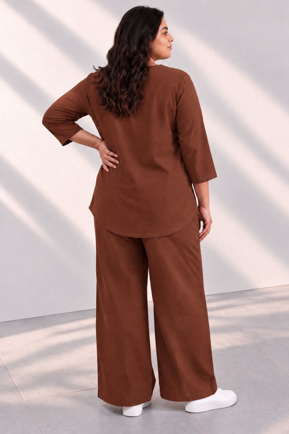 Plus Size Plus Size SoftEase V Neck Brown Cotton Coord Set