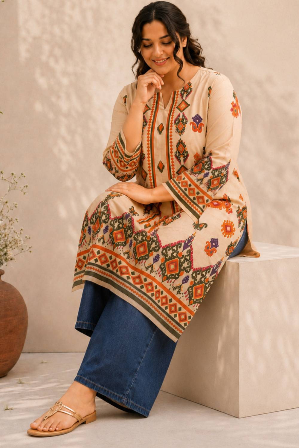 Plus Size Beige Ethnic Border Print cotton Kurta
