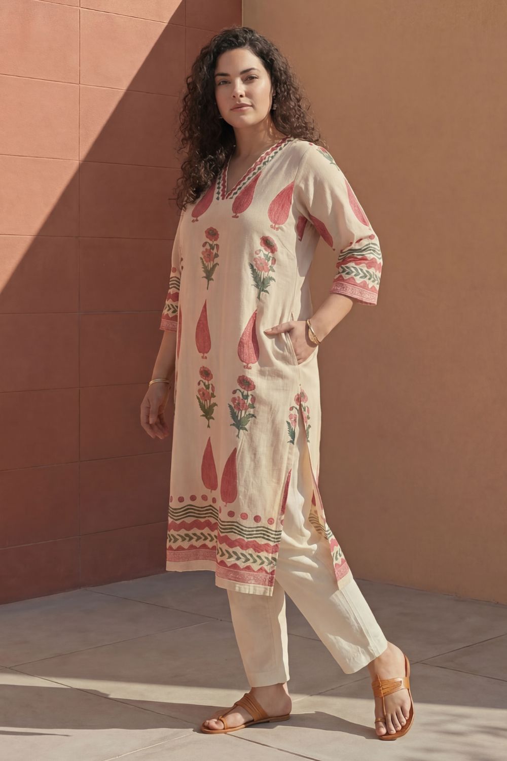 Plus Size Plus Size Beige & Red Mughal Floral Booti Print Cotton V-Neck Kurta