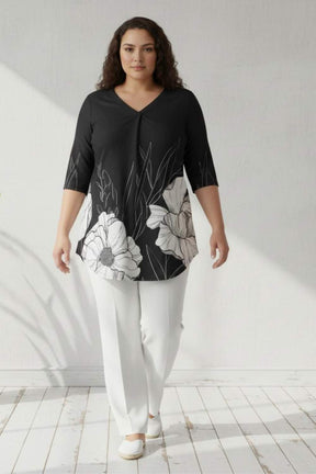 Plus Size Black White Floral Print Centre Pleat Top
