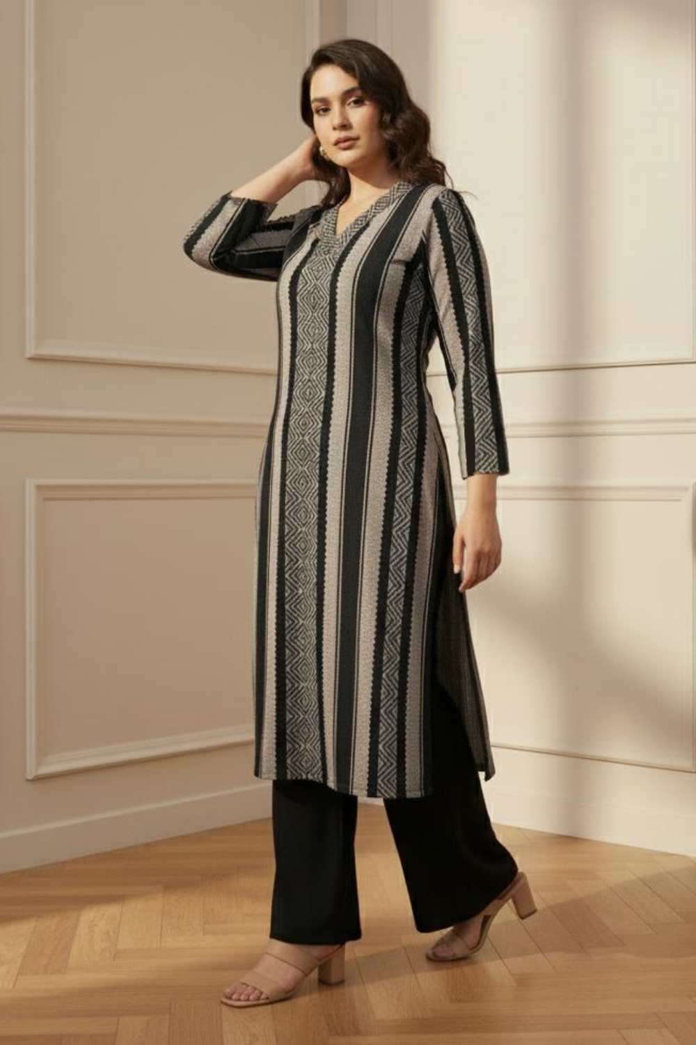 Plus Size Plus Size Black Beige Stripe SnugWeave™ Winter Kurta