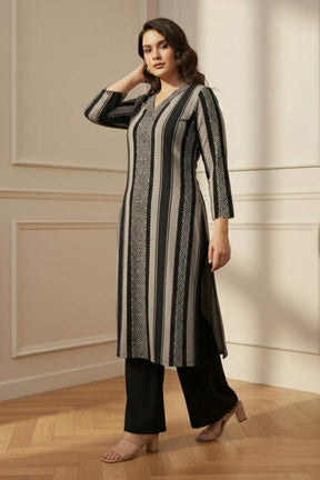 Plus Size Black Beige Stripe SnugWeave™ Winter Kurta