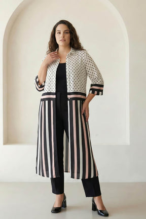 Black Luxe Polka Stripes Kurta Cum Shrug