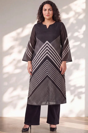 Plus Size Black Chevron Stripes Print Satin Georgette Kurta