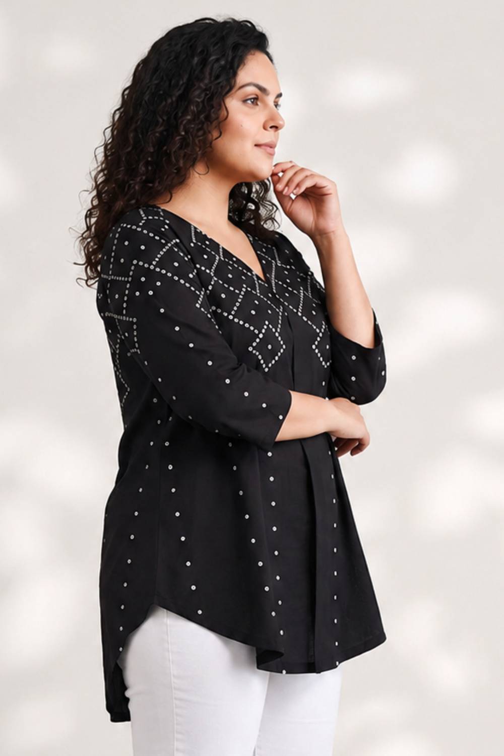 Plus Size Black Bandhej Print Top