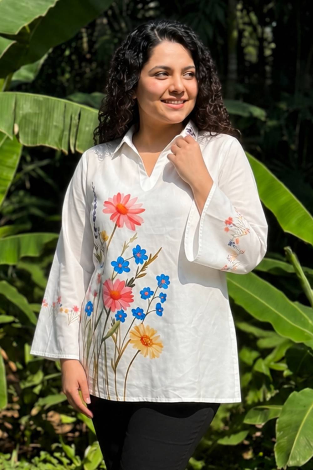 Plus Size White Floral Printed Cotton Top