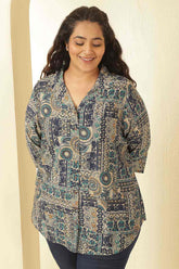 Plus Size Blue Ethnic Print Cuban Collar Rayon Muslin Shirt