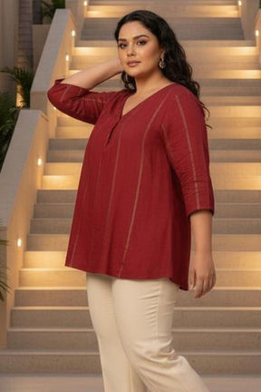 Plus Size Maroon Golden Pin Striped V-Neck Top