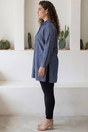 Plus Size Denim Cotton High Slit Longline Shirt