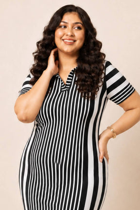 Black White Stripe Printed Polo Dress