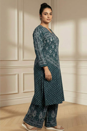 Plus Size Teal Printed V Neck SnugWeave™ Winter Kurta