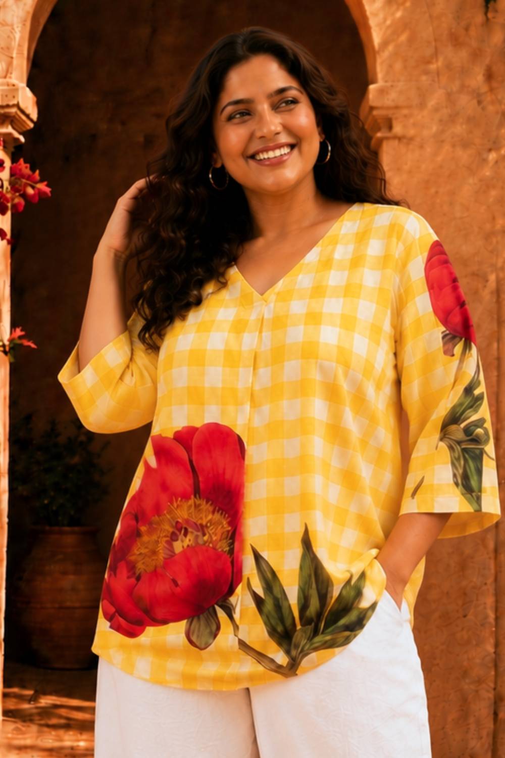 Buy Plus Size Yellow Gingham Floral Print Top