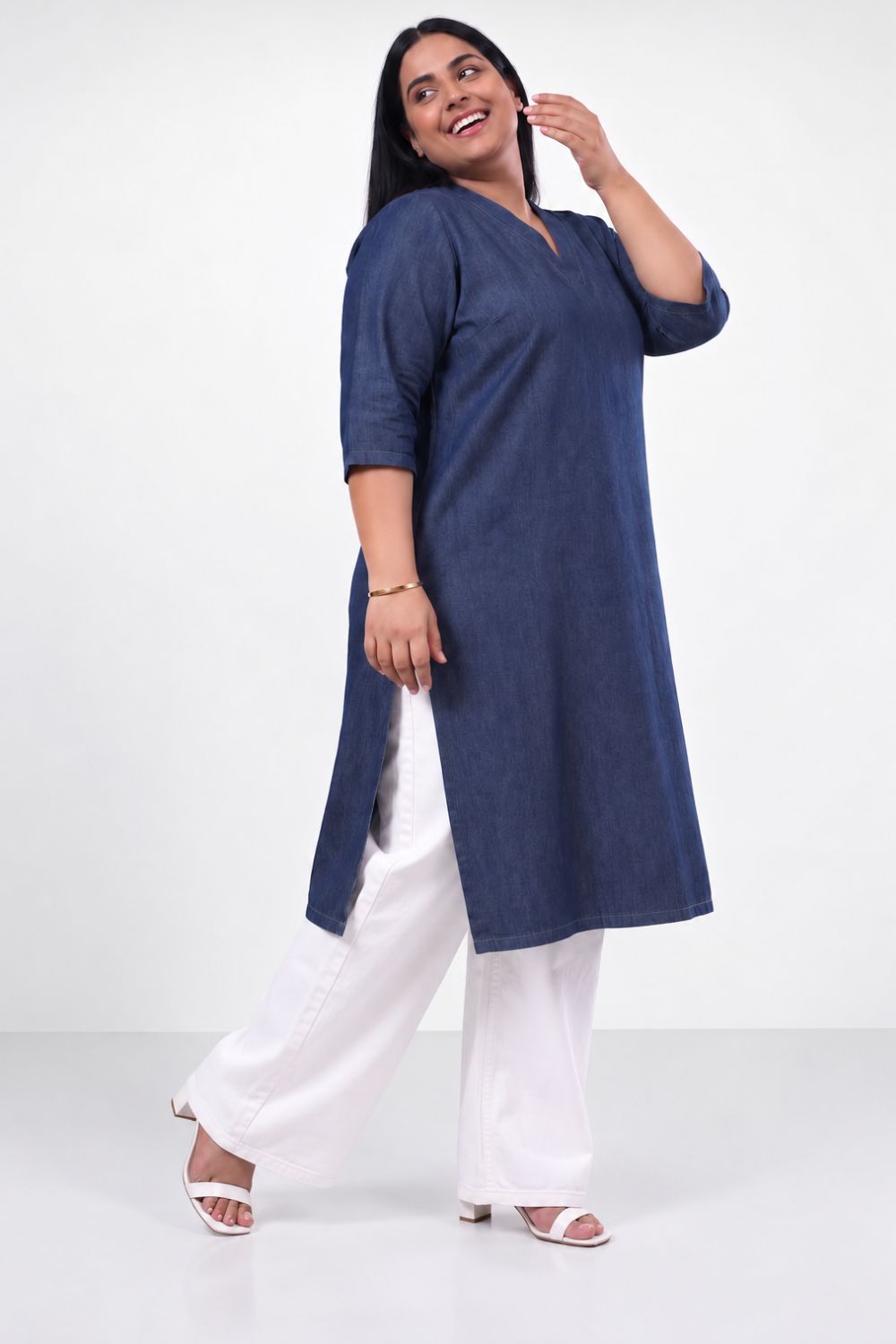 Plus Size Denim Cotton V-Neck Kurta