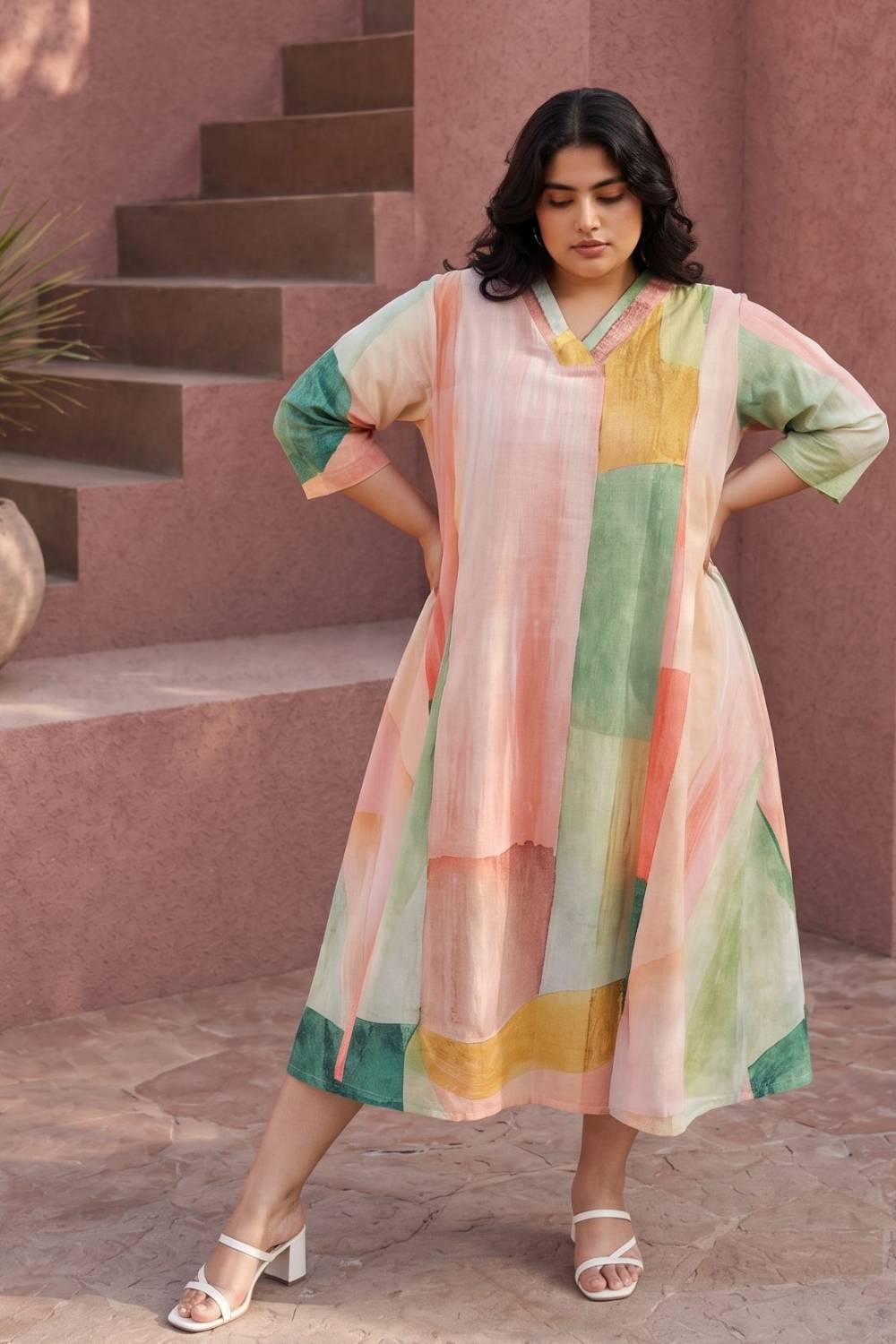 Buy Plus Size Multicolor Abstract Printed A-Line Midi Dress