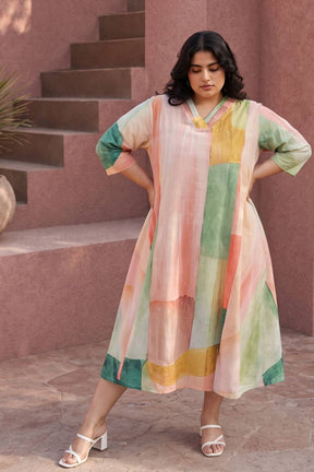 Plus Size Multicolor Abstract Printed A-Line Midi Dress
