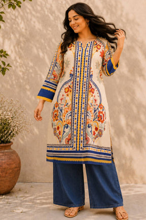 Plus Size Beige Ethnic Floral Print Cotton Kurti