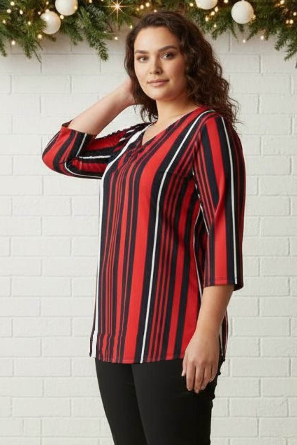 Plus Size Red Blue Striped Centre Pleat Top