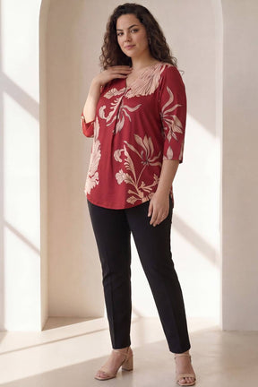 Plus Size Red White Tropical Print Centre Pleat Top