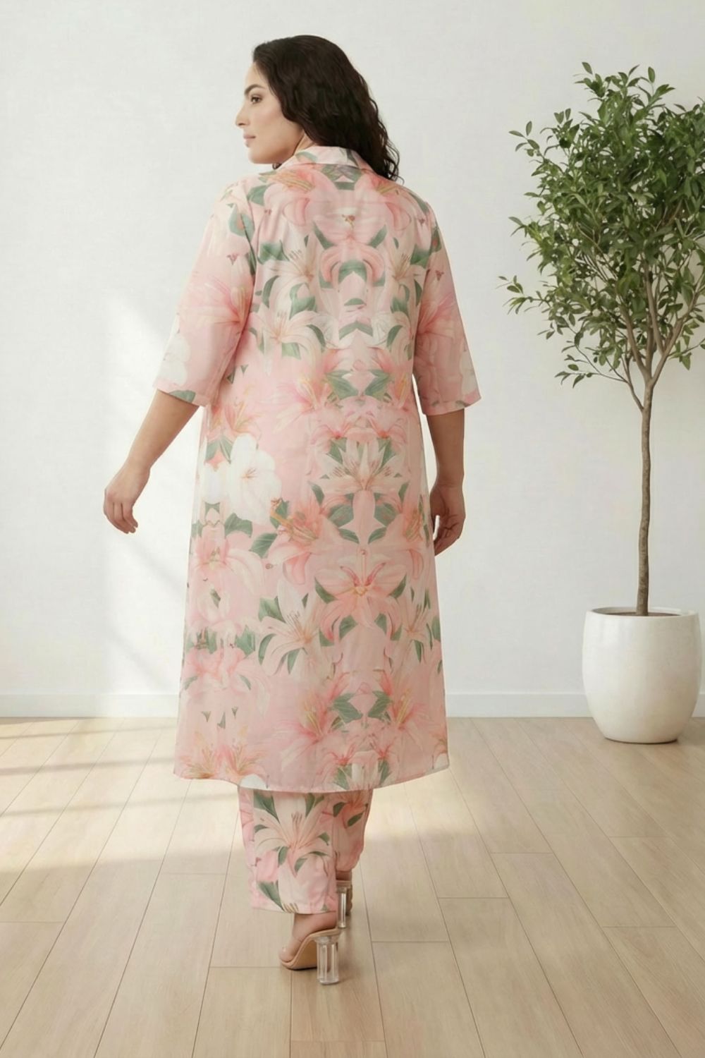 Comfortable Plus Size Light Pink Floral Printed Coord Set