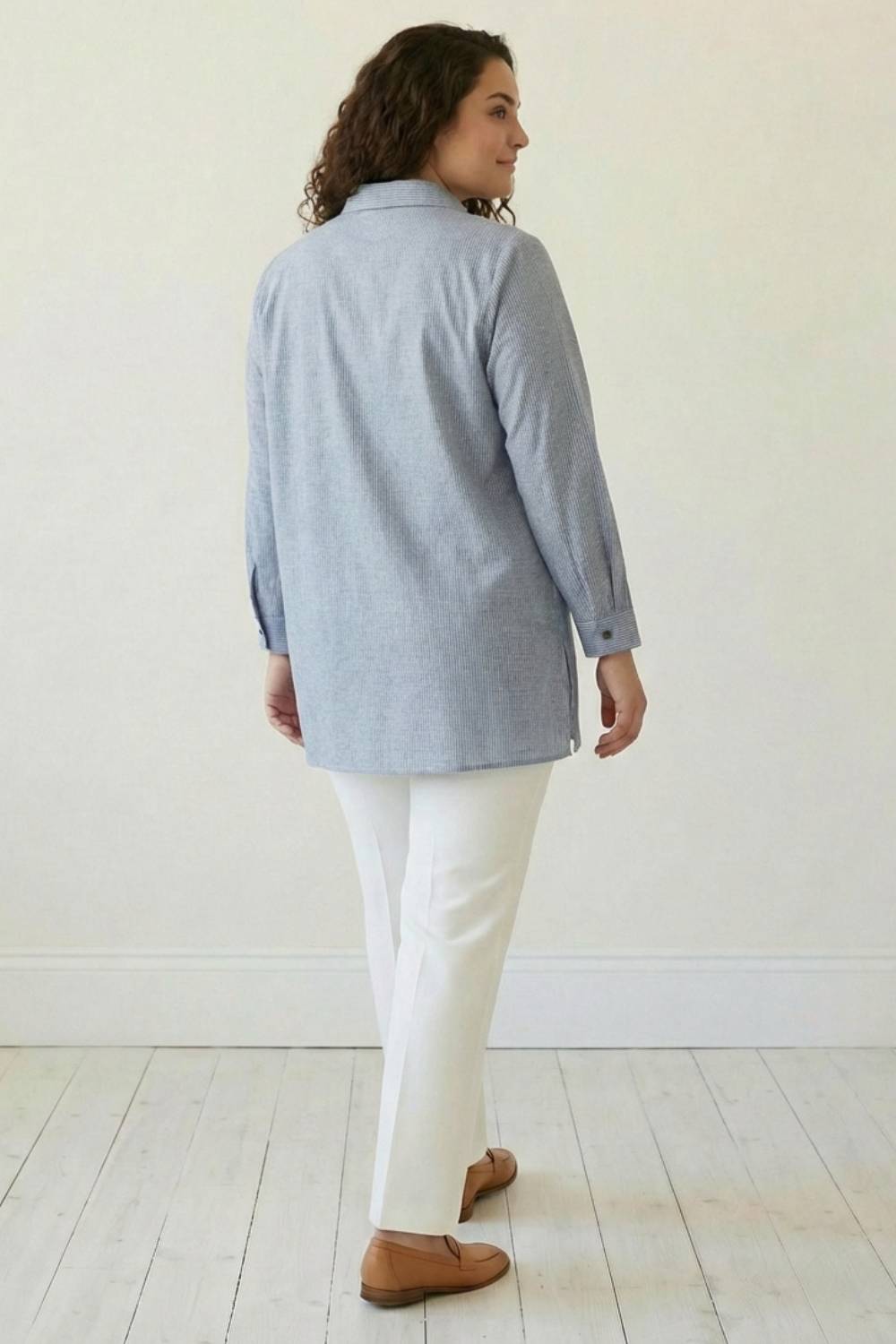 Plus Size Blue Chambray Pinstripe High Slit Longline Shirt