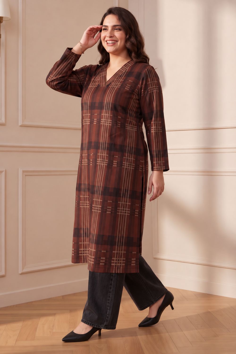 Plus Size Brown Checkered SnugWeave™  Kurta