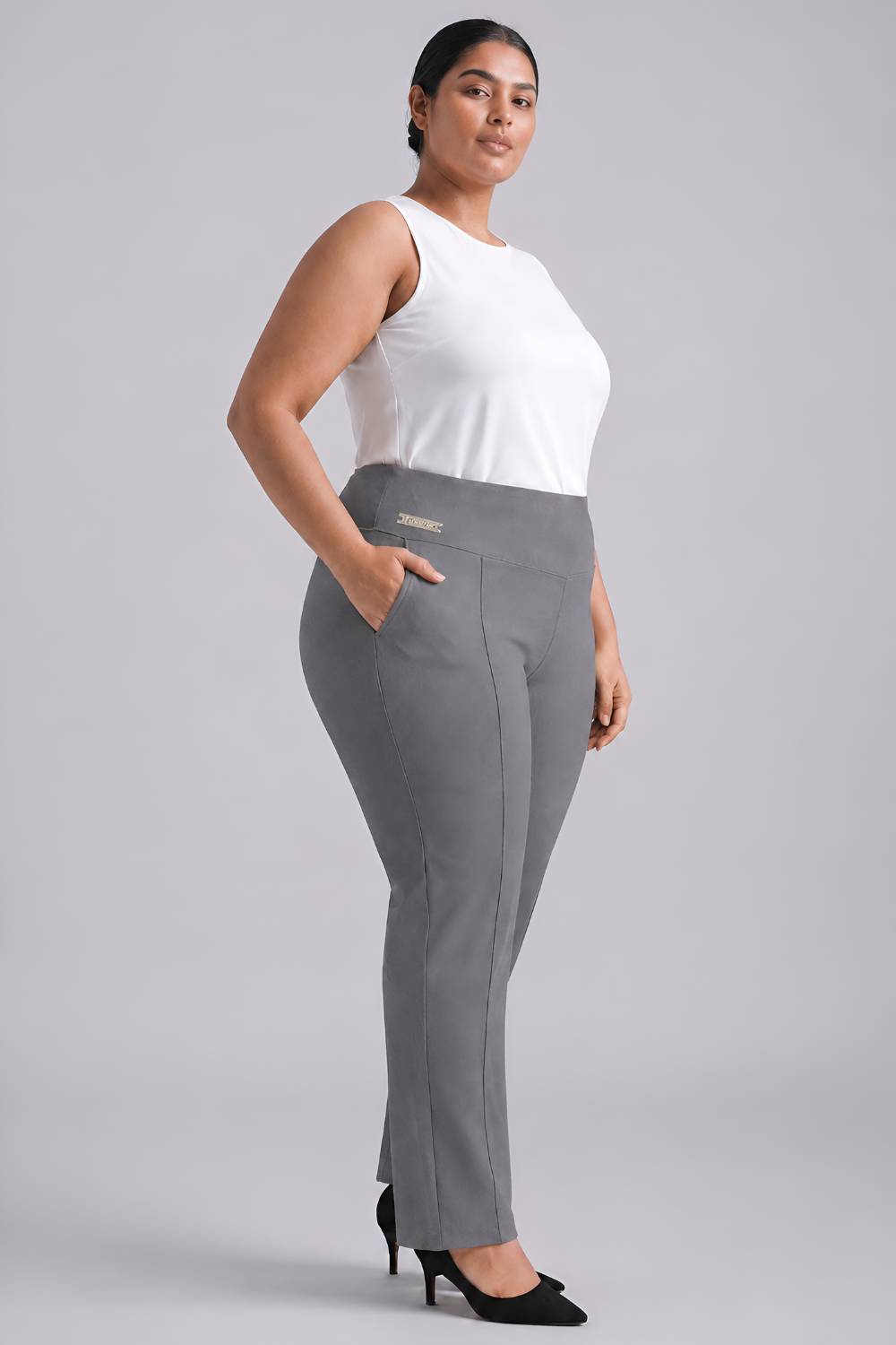 Plus Size Plus Size Grey Tummy Shaper Straight Fit Pants