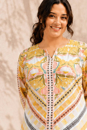 Plus Size Begie Floral Geometric Print cotton Kurti