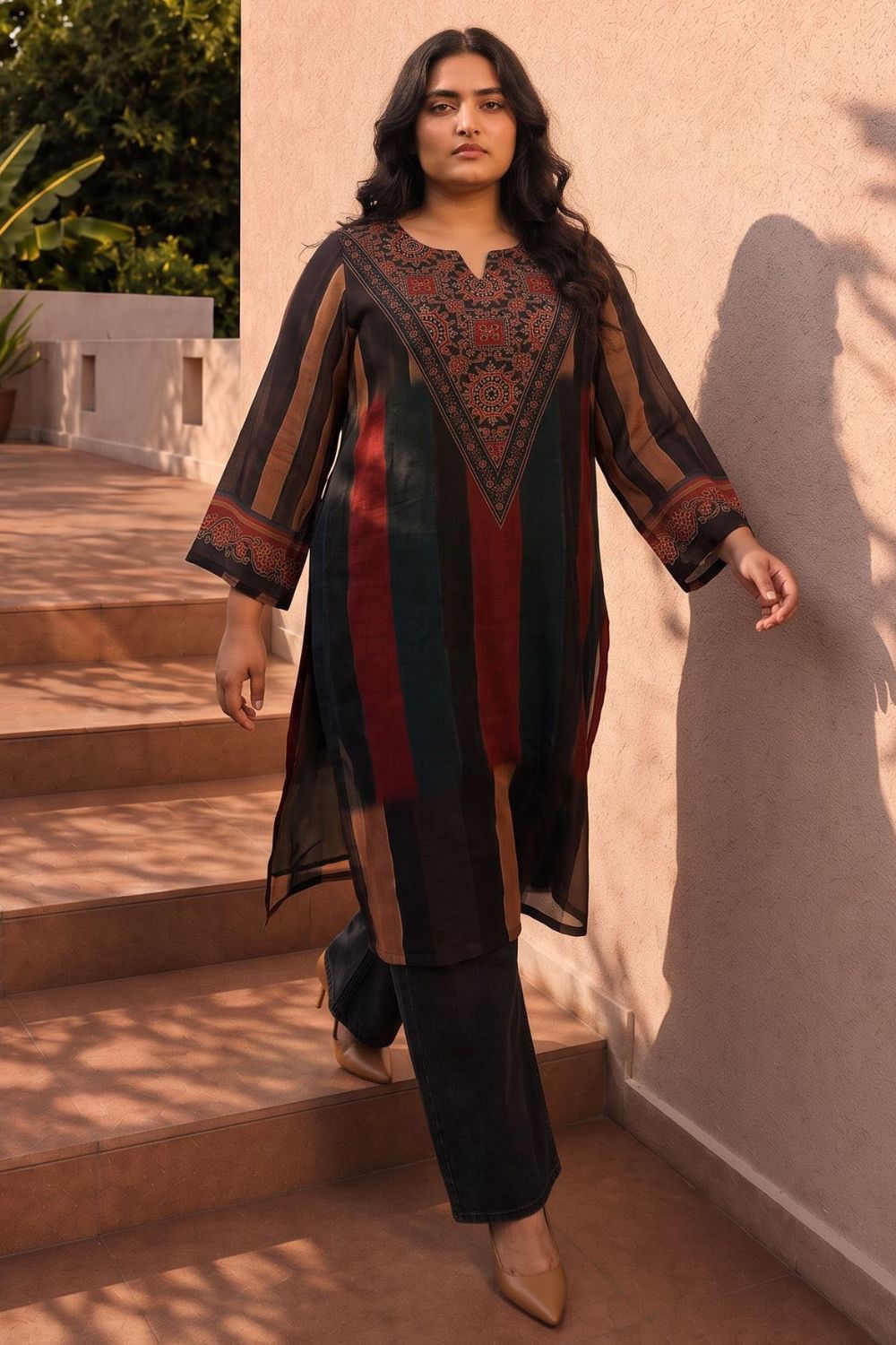 Plus Size Striped Printed Straight Georgette Kurta