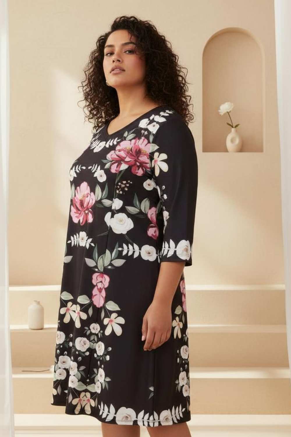 Plus Size Black Bright Floral Printed Dress
