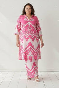Plus Size Pink White Printed Co-ord Set