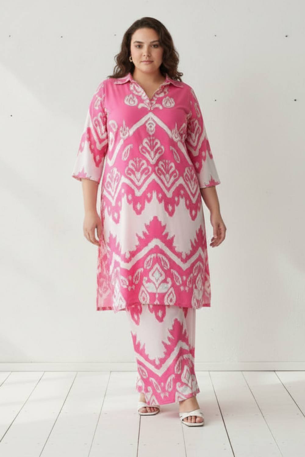 Plus Size Pink White Printed Co-ord Set
