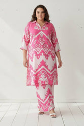 Plus Size Pink White Printed Co-ord Set