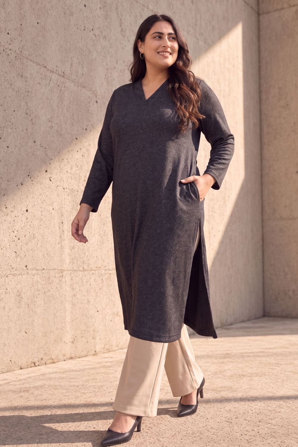 Buy Plus Size Charcoal Grey V Neck SnugWeave™ Winter Kurta