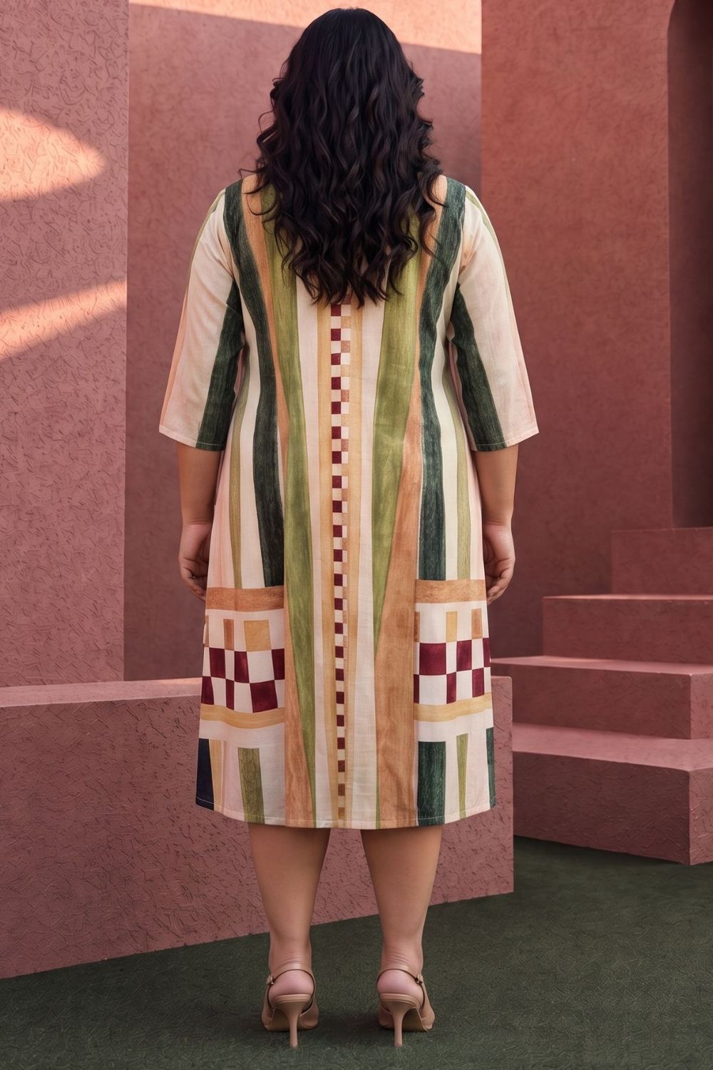 Buy Plus Size Abstract check Print Midi Dress