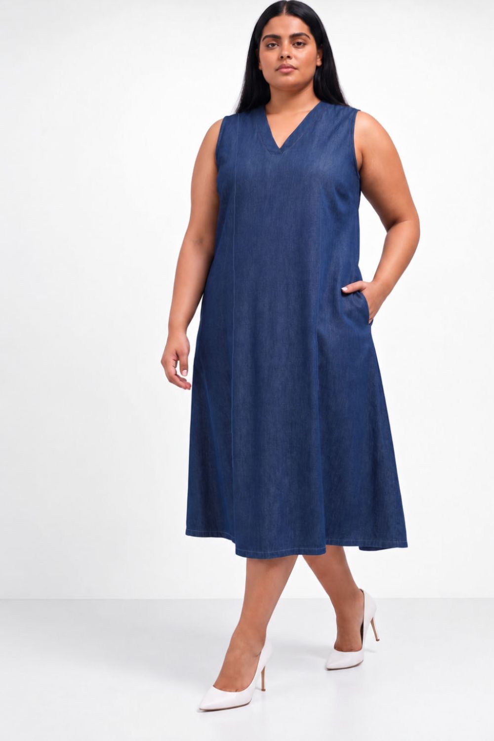 Buy Plus Size Sleeveless Indigo Denim Cotton A-Line Dress
