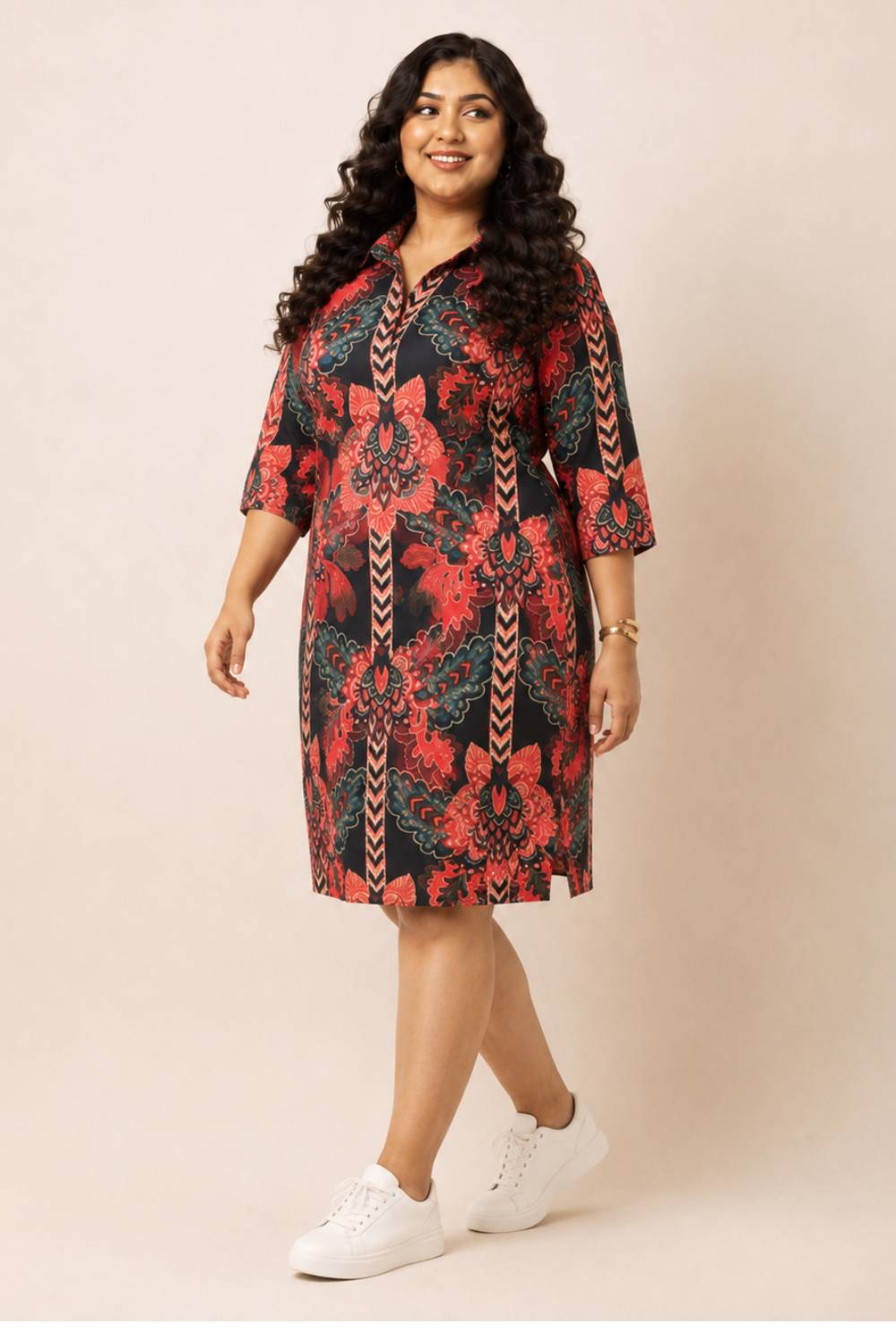 Comfortable Black Tropical Print Shirt Dress