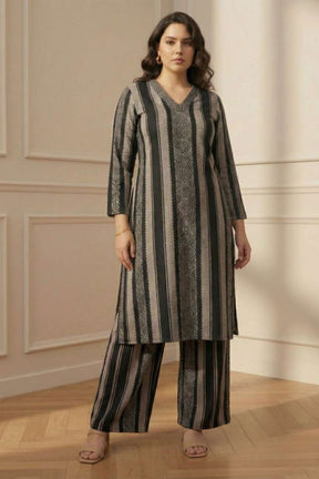 Plus Size Black Beige Stripe SnugWeave™ Winter Kurta Coord Set