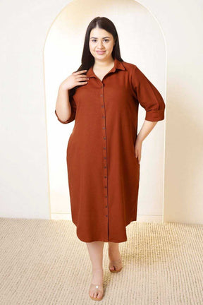 Plus Size Rust Brown Cotton Linen Shirt Dress
